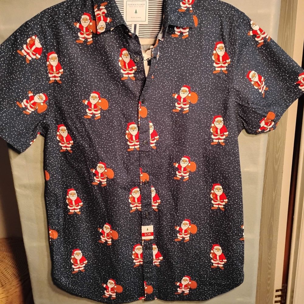 Denim & Flower Navy Santa Print Casual Shirt